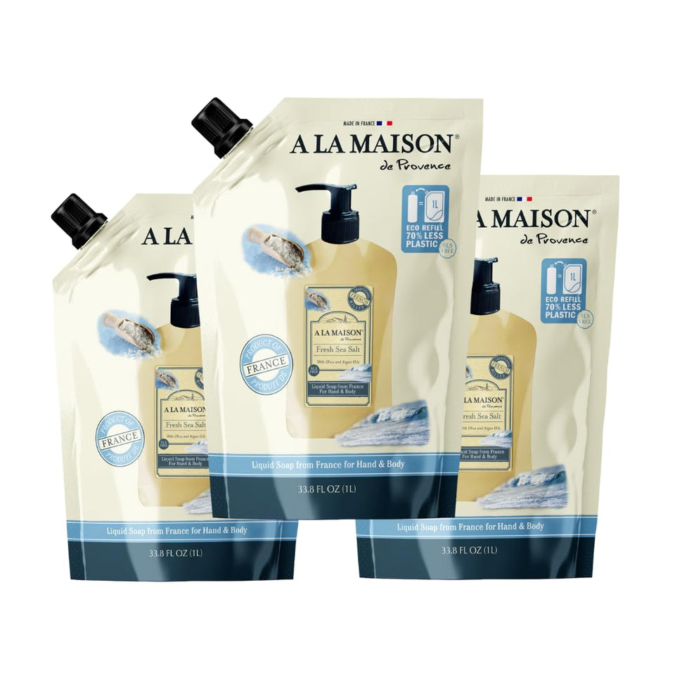 A LA MAISON front pouch showing Fresh Sea Salt label and refill benefit