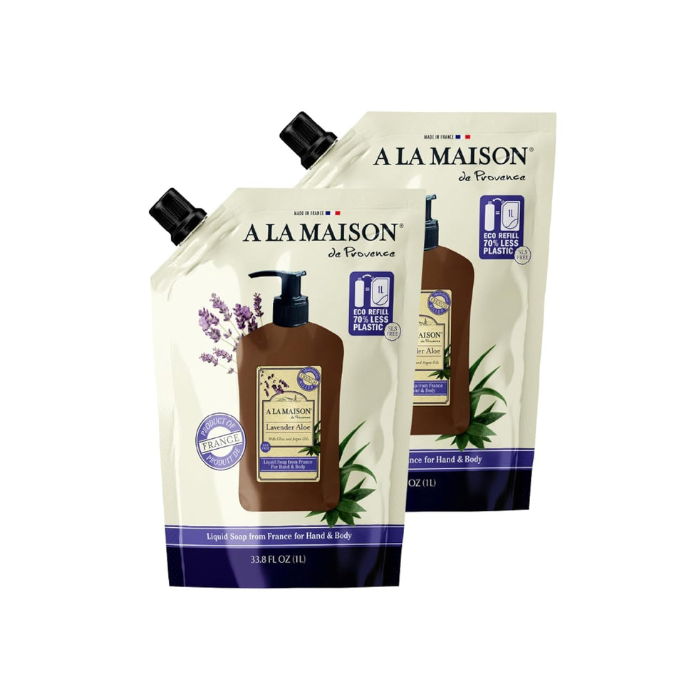A LA MAISON front pouch showing lavender aloe branding and refill benefit