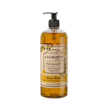 A LA MAISON front packaging showing large honeysuckle body wash bottle and clear benefits