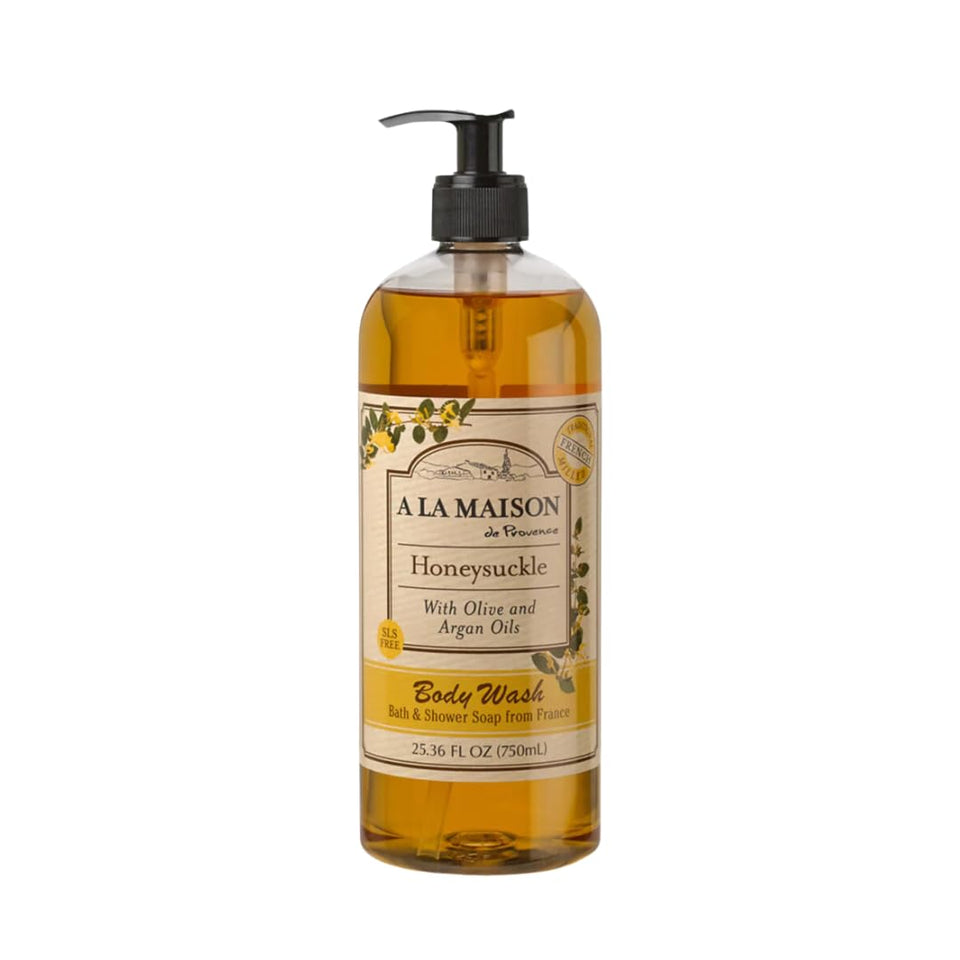 A LA MAISON front packaging showing large honeysuckle body wash bottle and clear benefits