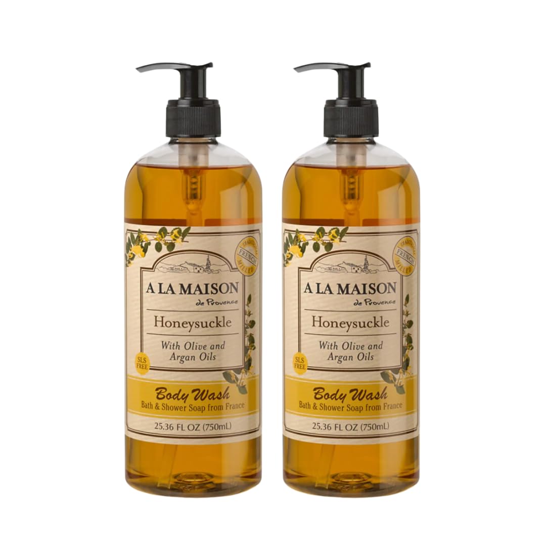 A LA MAISON front packaging showing two large honeysuckle bottles and benefits