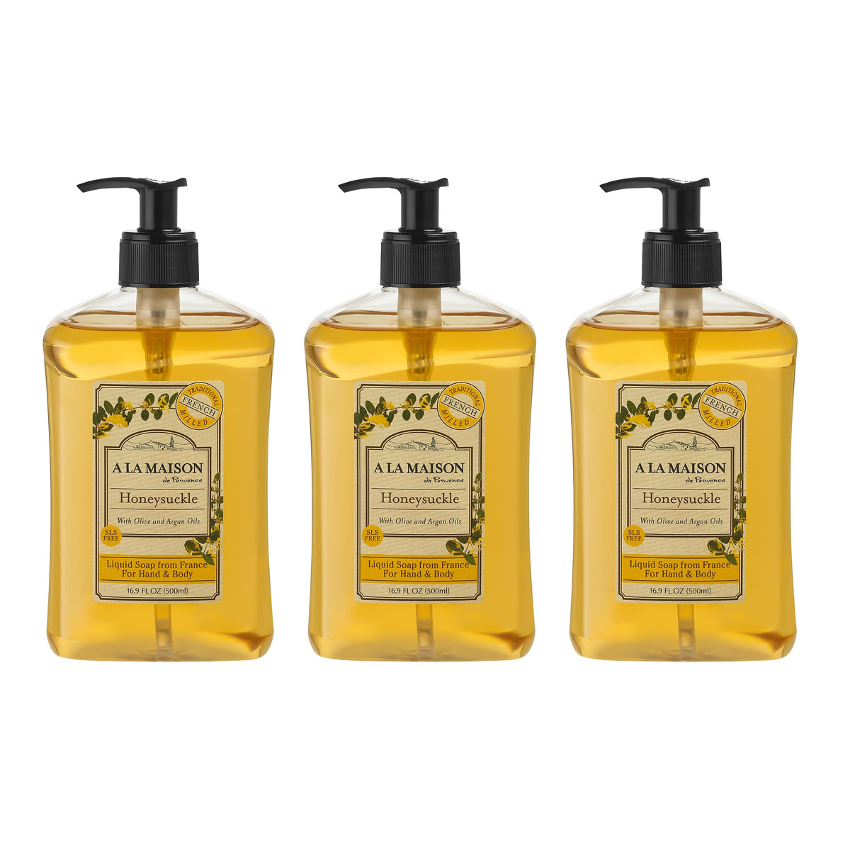 A LA MAISON front packaging showing three 16.9 oz bottles and floral label benefit