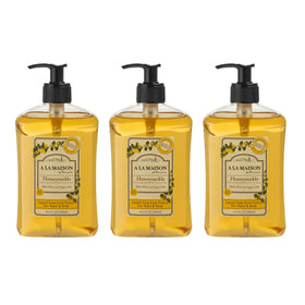 A LA MAISON front packaging showing three 16.9 oz bottles and floral label benefit
