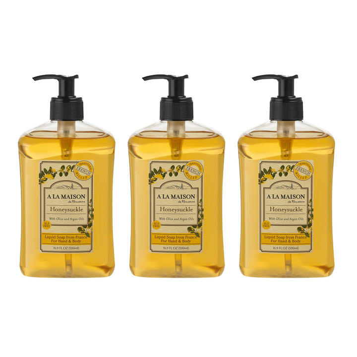 A LA MAISON front packaging showing three 16.9 oz bottles and floral label benefit