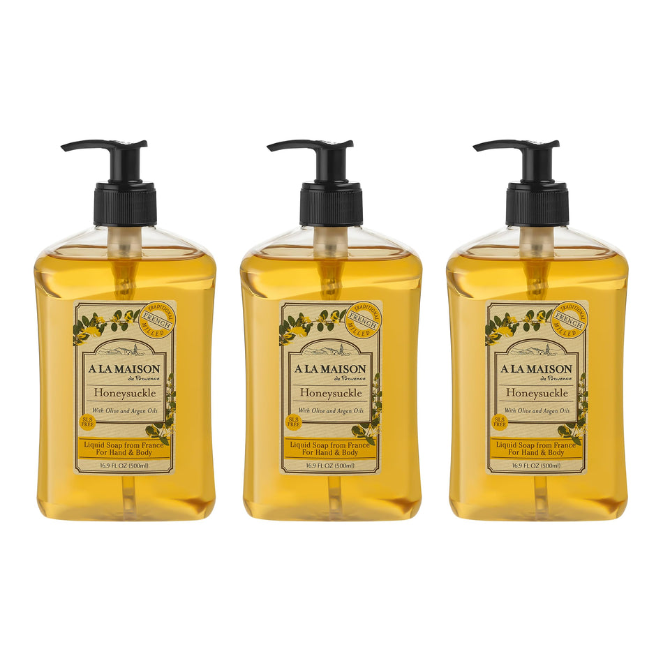 A LA MAISON front packaging showing three 16.9 oz bottles and floral label benefit