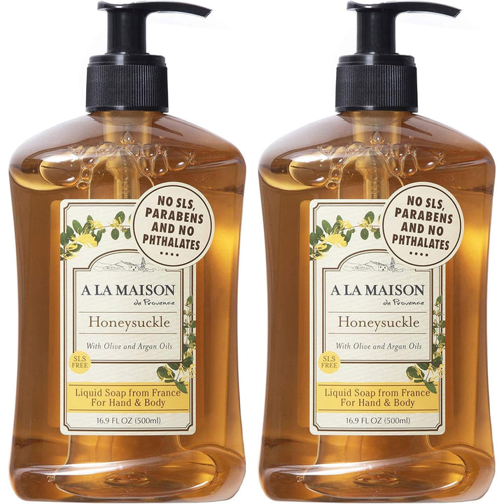 A LA MAISON front packaging showing two bottles and honeysuckle scent, elegant presentation benefit