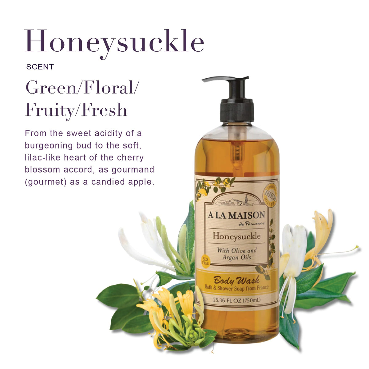 A LA MAISON label close-up on pump showing ingredient clarity and heritage