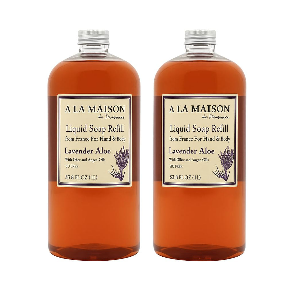 A LA MAISON front packaging showing 33.8 fl oz refill bottle and lavender scent benefit