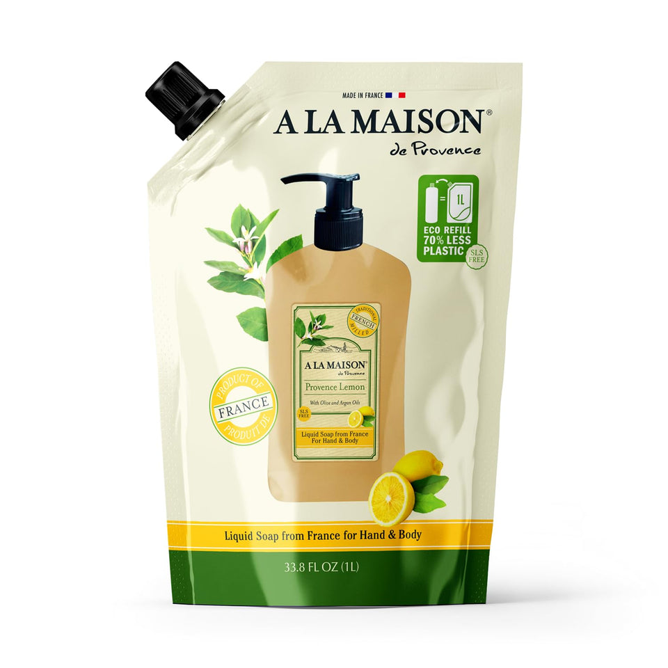 A LA MAISON front view of lemon refill pouch showing package and volume benefit