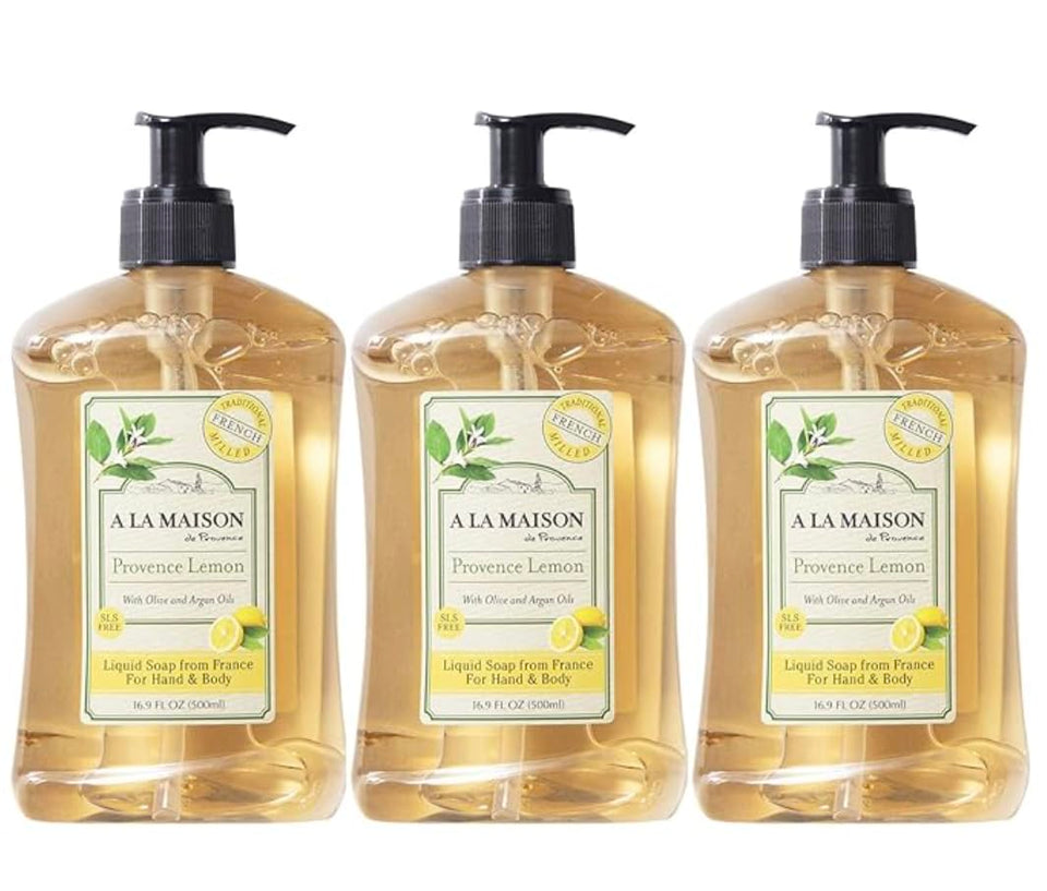 A LA MAISON front bottle showing Provence Lemon label and gentle cleansing benefit