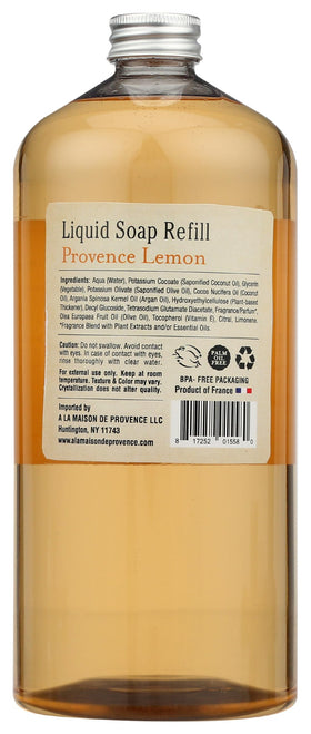 A LA MAISON refill bottle cap and label close-up showing recyclable bottle benefit