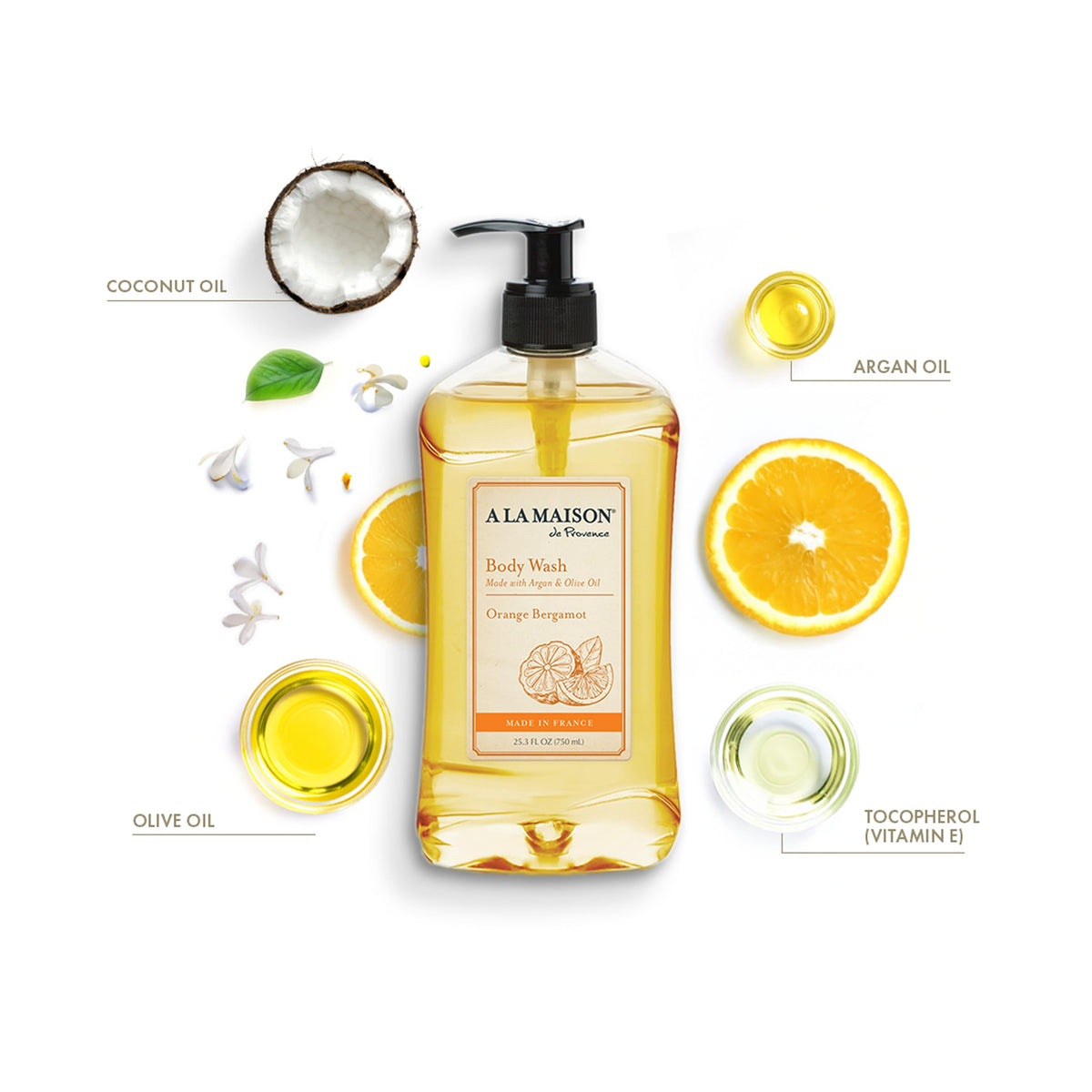 A LA MAISON pump and label detail highlighting cruelty-free and certification benefits