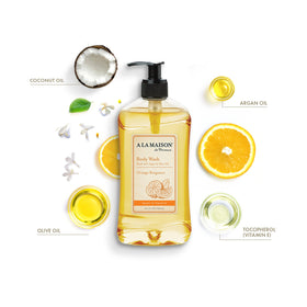 A LA MAISON pump and label detail highlighting cruelty-free and certification benefits