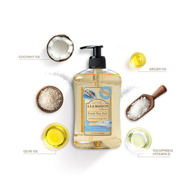 A LA MAISON pump close-up showing creamy lather texture and gentle cleanse