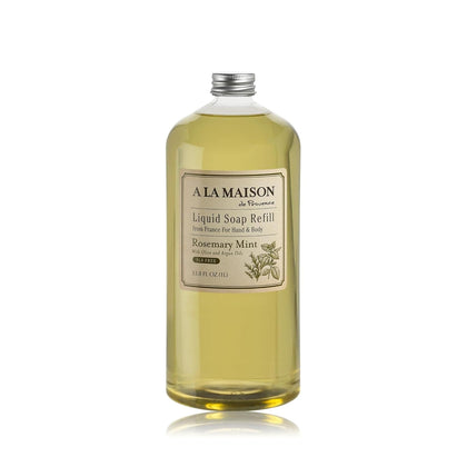 A LA MAISON front bottle view showing refill packaging and clear product benefits