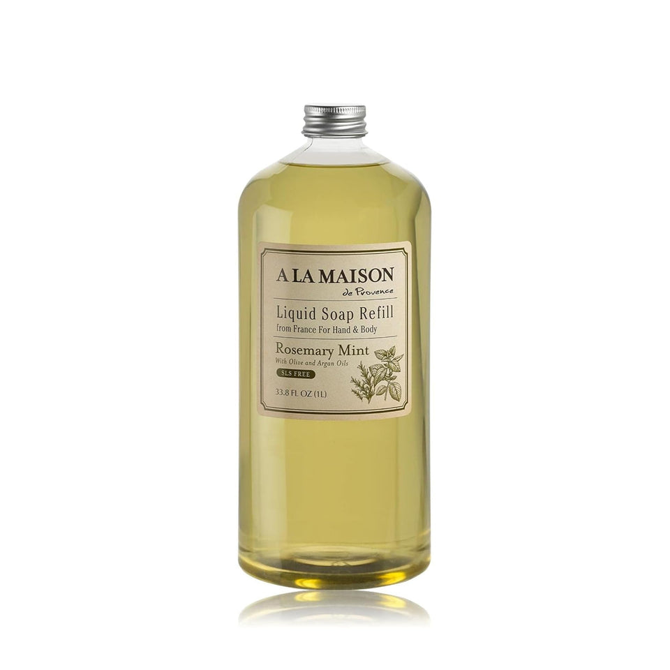 A LA MAISON front bottle view showing refill packaging and clear product benefits