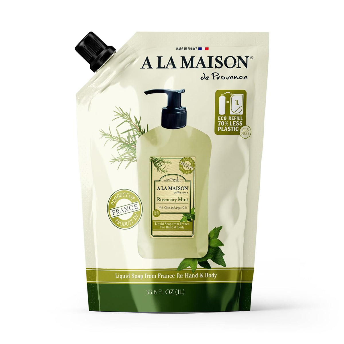 A LA MAISON front pouch showing rosemary mint label and refill size benefit