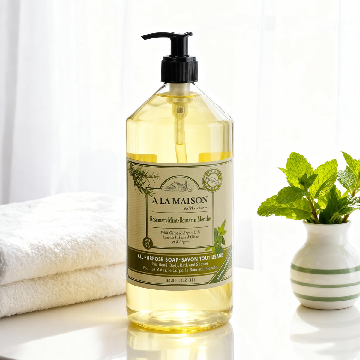 A LA MAISON creamy lather texture from rosemary mint soap, showing moisturizing foam