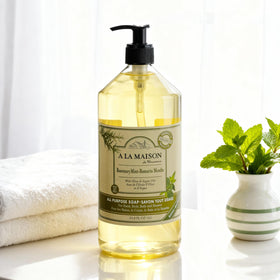 A LA MAISON creamy lather texture from rosemary mint soap, showing moisturizing foam