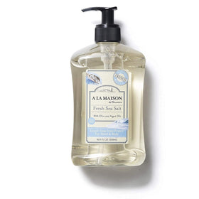 A LA MAISON front label showing sea salt soap and clear branding and benefits