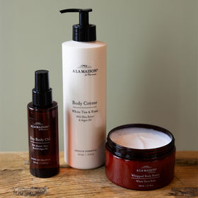 A LA MAISON bottle on bathroom vanity conveying daily ritual and refined scent