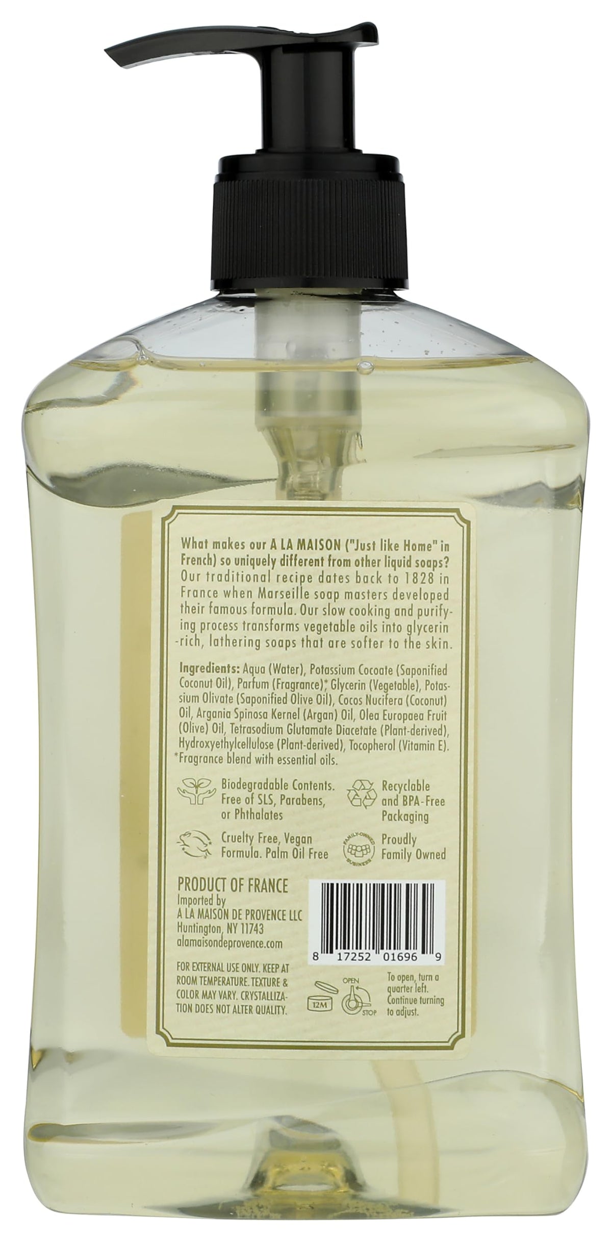 A LA MAISON pump and label close-up displaying ingredients and craft
