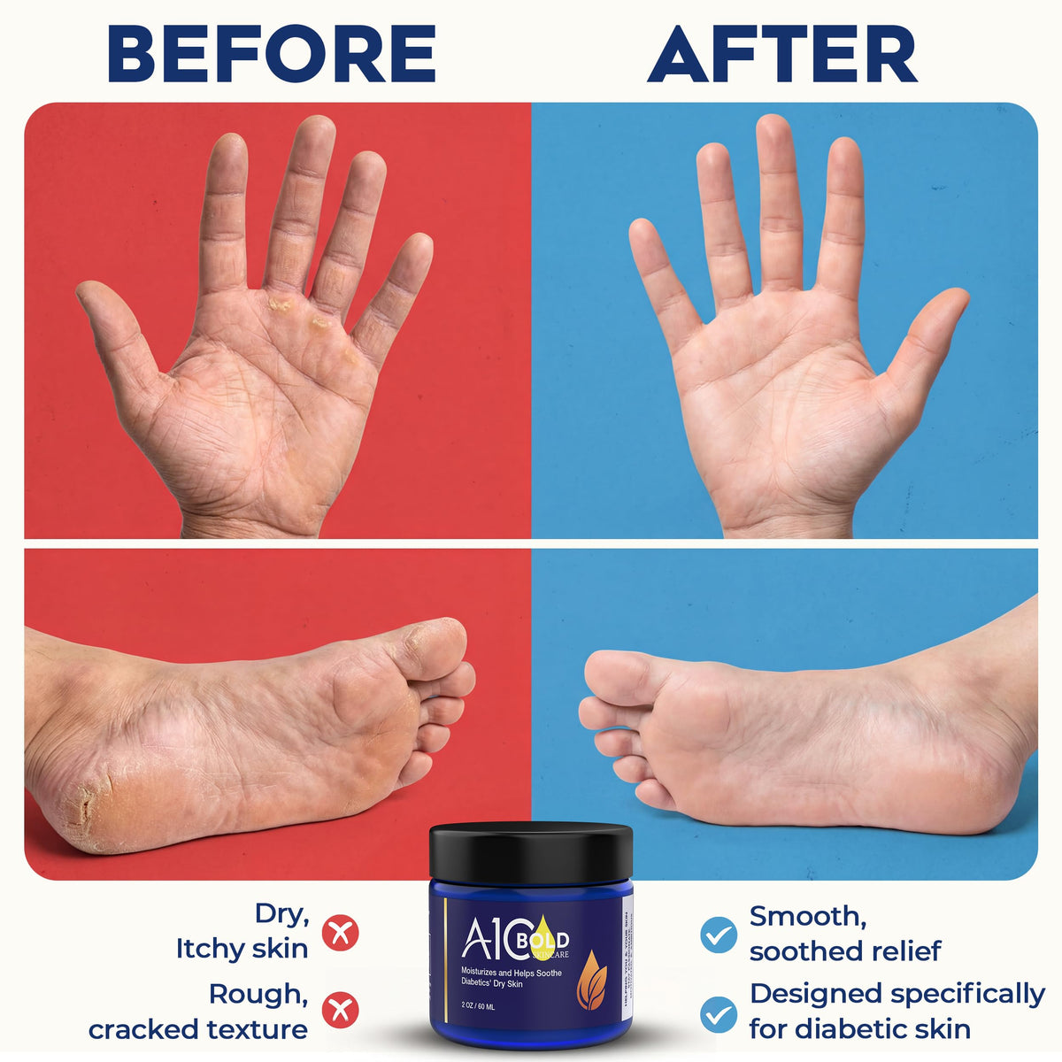 A1C BOLD SKINCARE size comparison in hand illustrating portable 2 oz convenience
