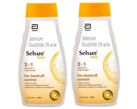 Abbott Selsun front packaging showing the 2x120ml pack and benefits
