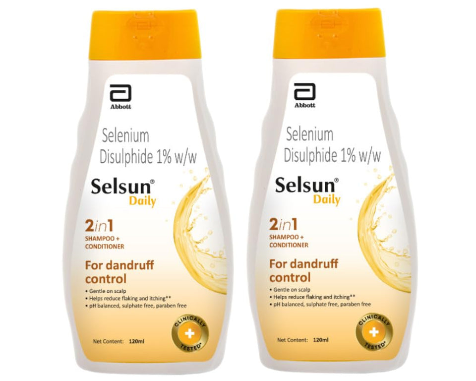 Abbott Selsun front packaging showing the 2x120ml pack and benefits