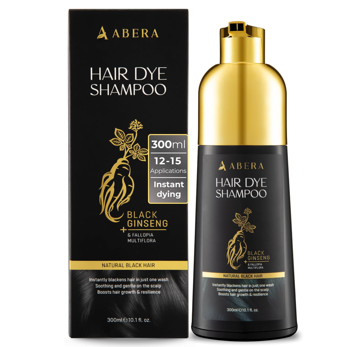 ABERA front bottle packaging showing black hair dye shampoo and benefits