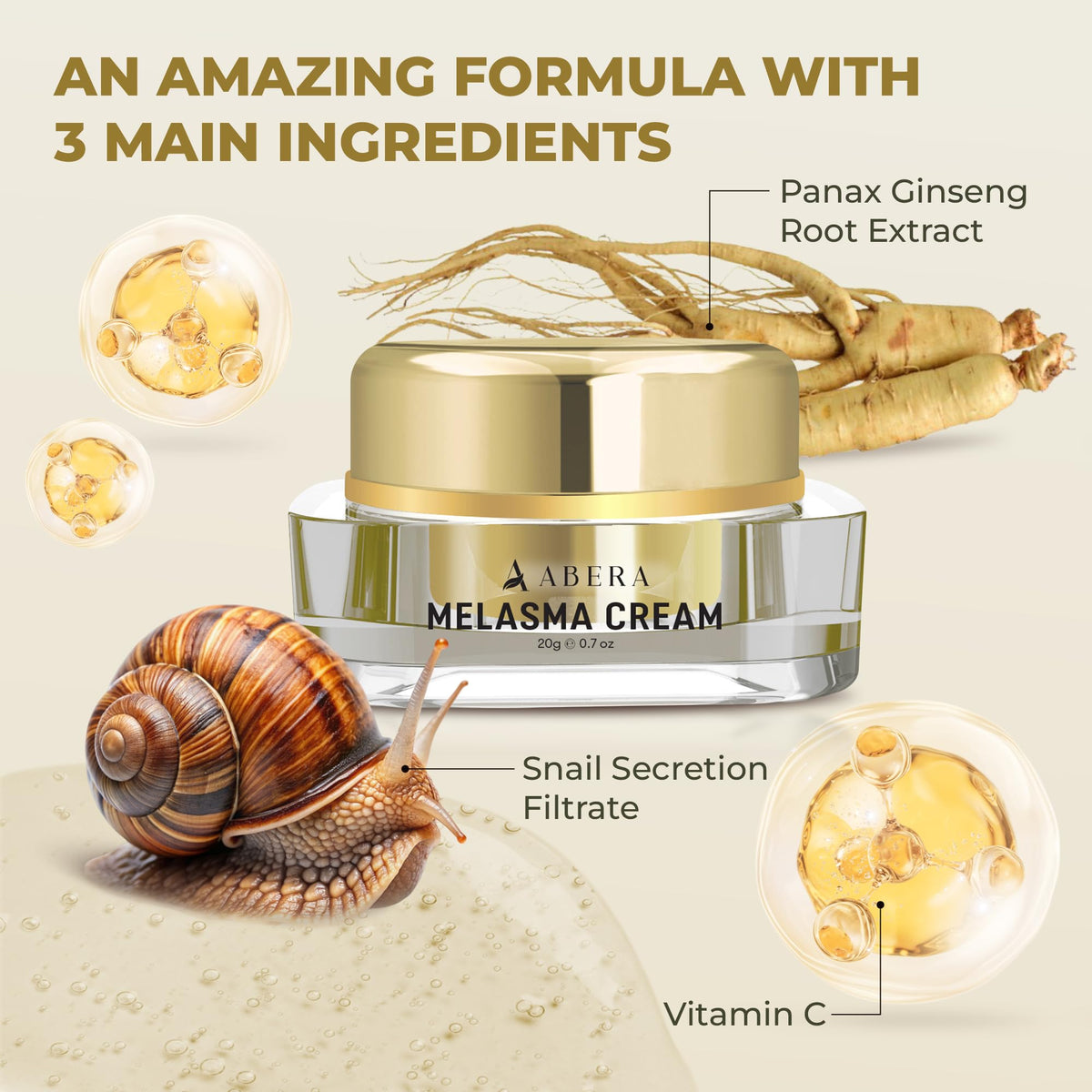 ABERA ingredients display featuring arbutin and botanical extracts highlighting brightening benefits