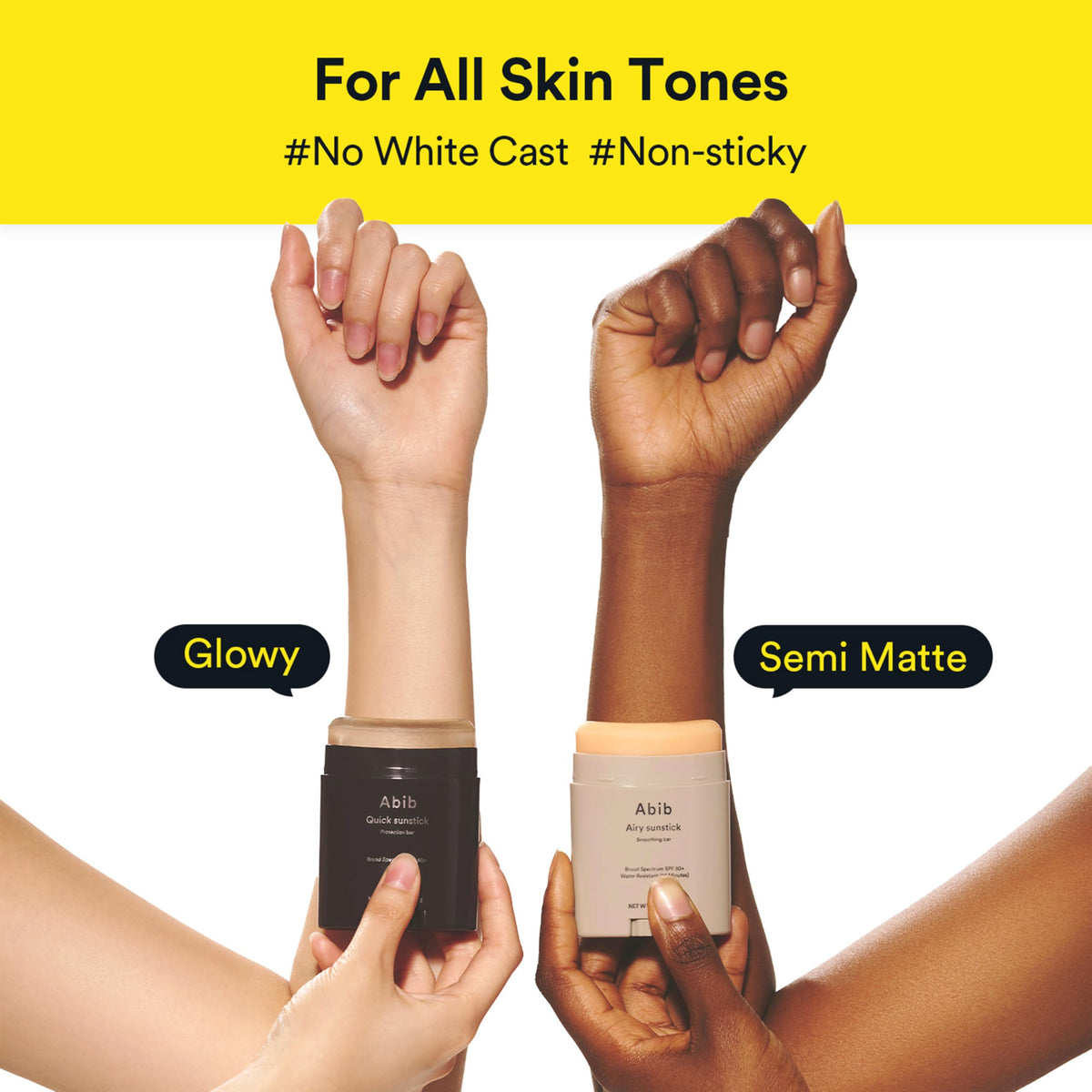 Abib sunstick blended on skin showing no white cast and semi-matte finish