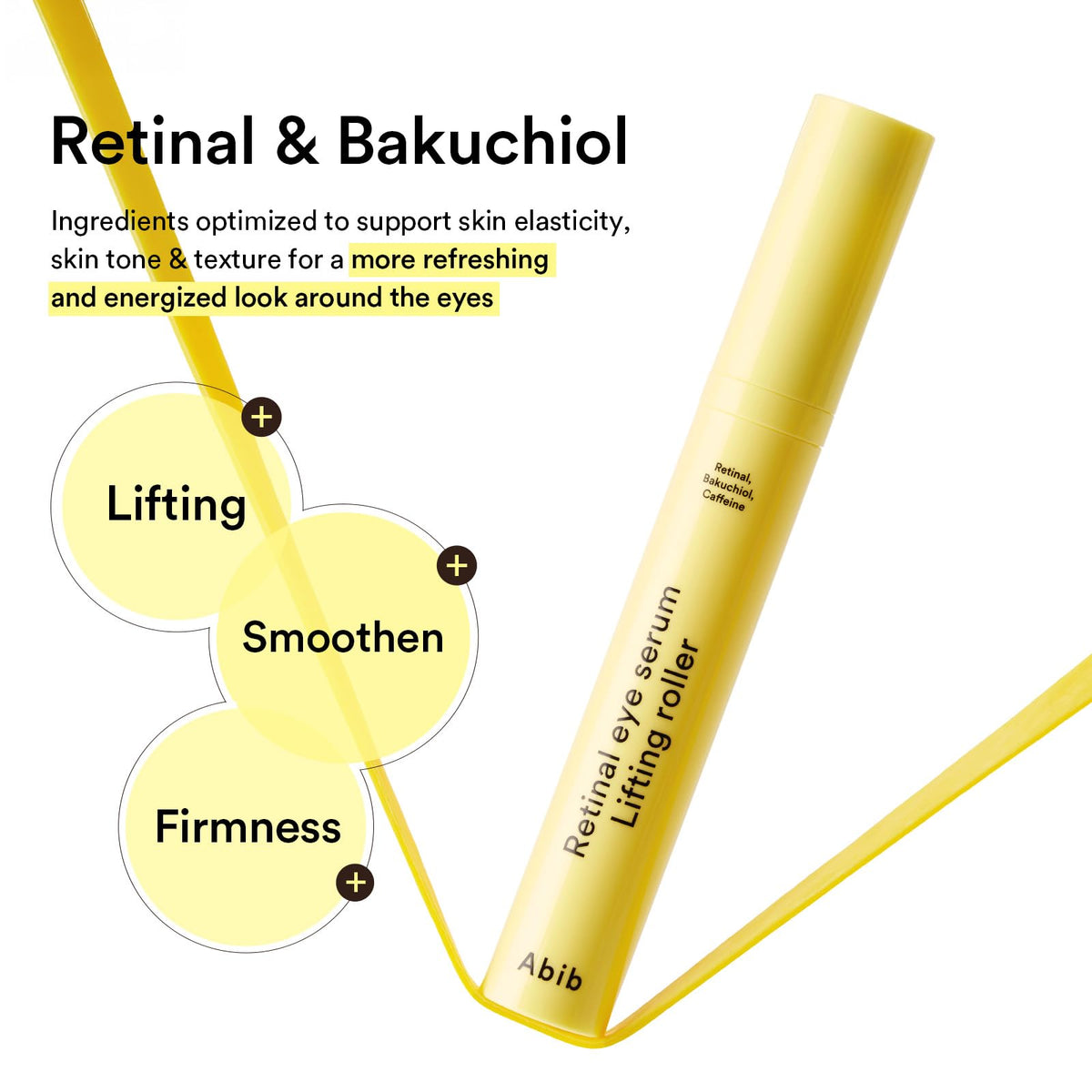 Abib application demonstration under-eye rolling motion to lift and massage for refreshed appearance