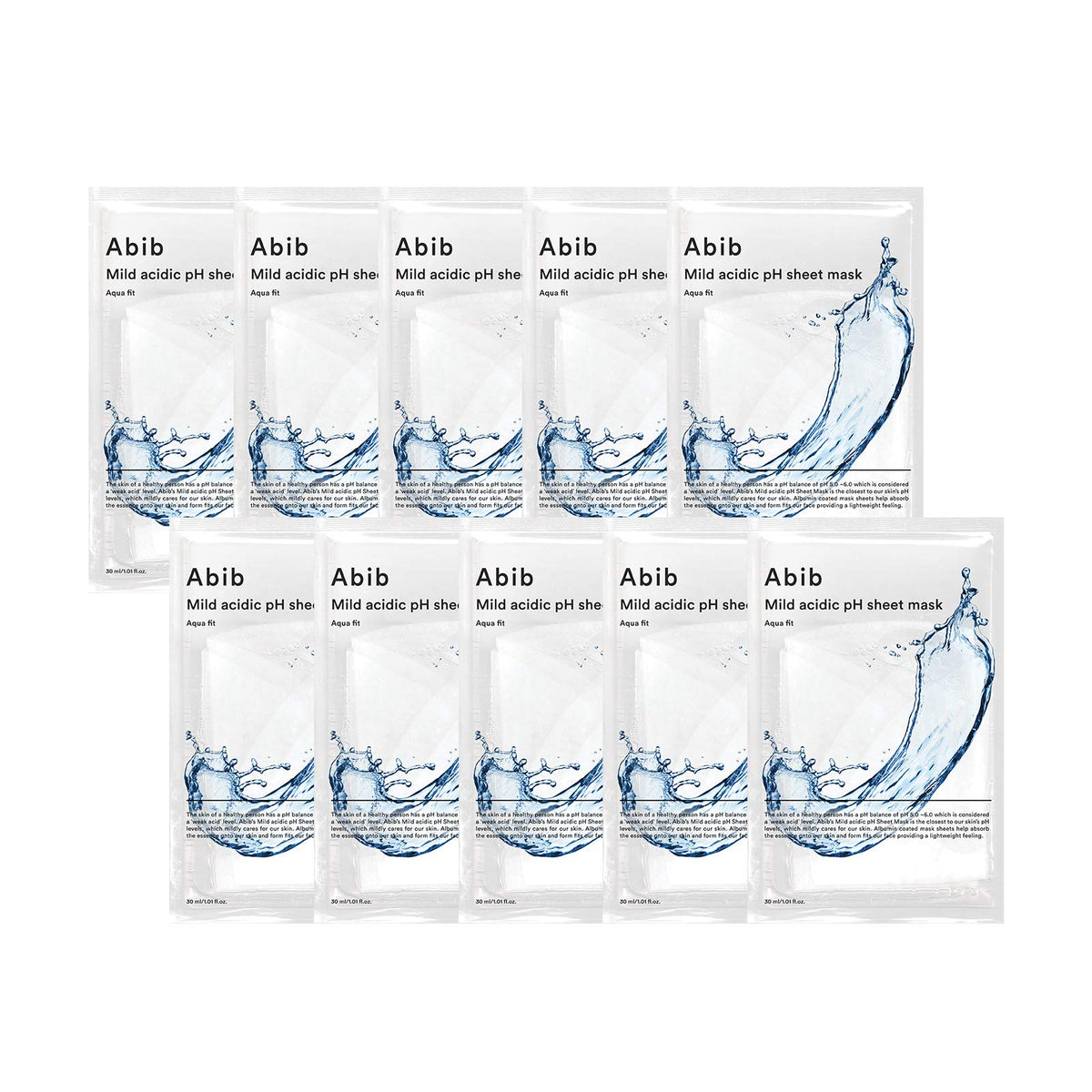 Abib front packaging showing ten Aqua Fit masks and product benefit