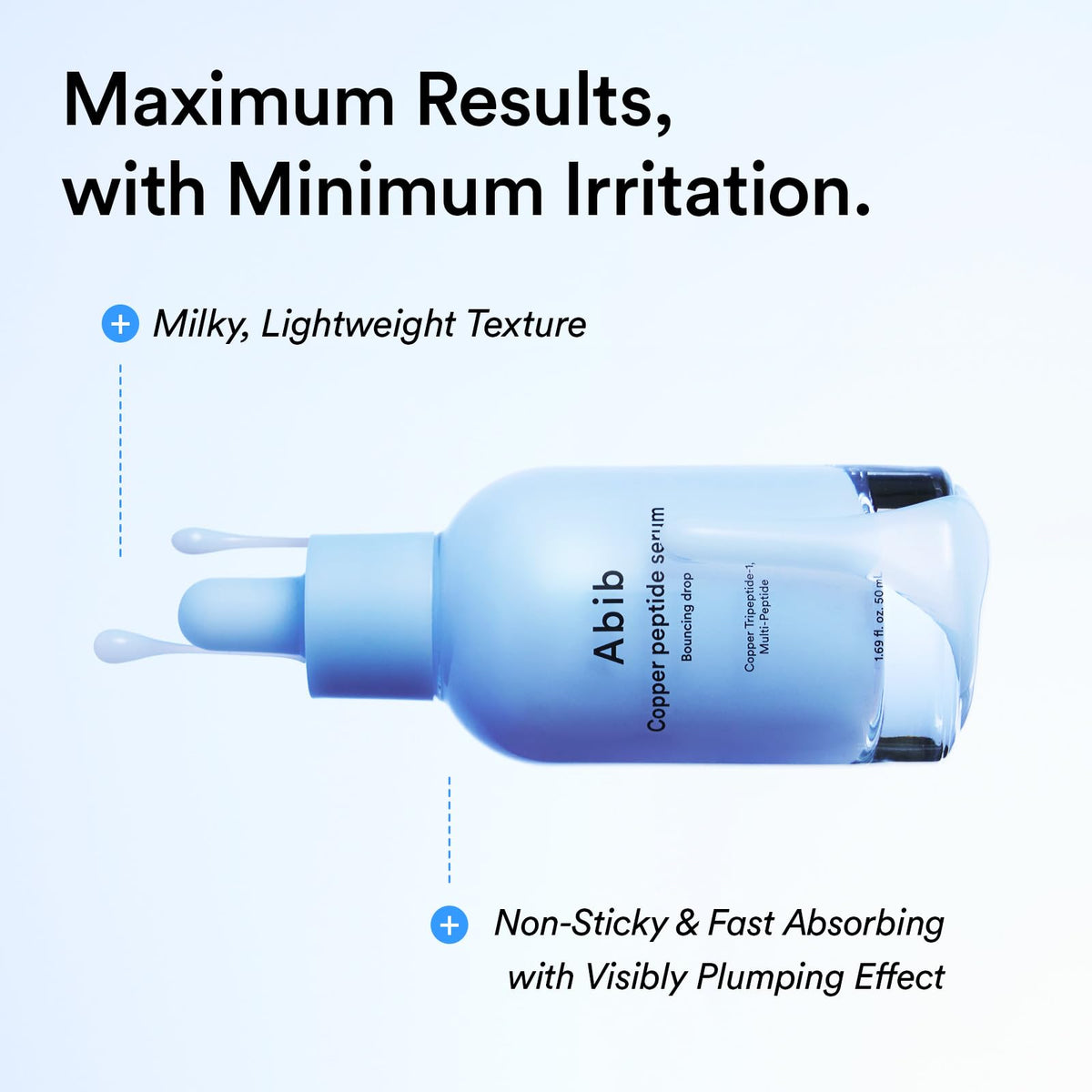 Abib applying serum to face model showing smoothing texture benefit
