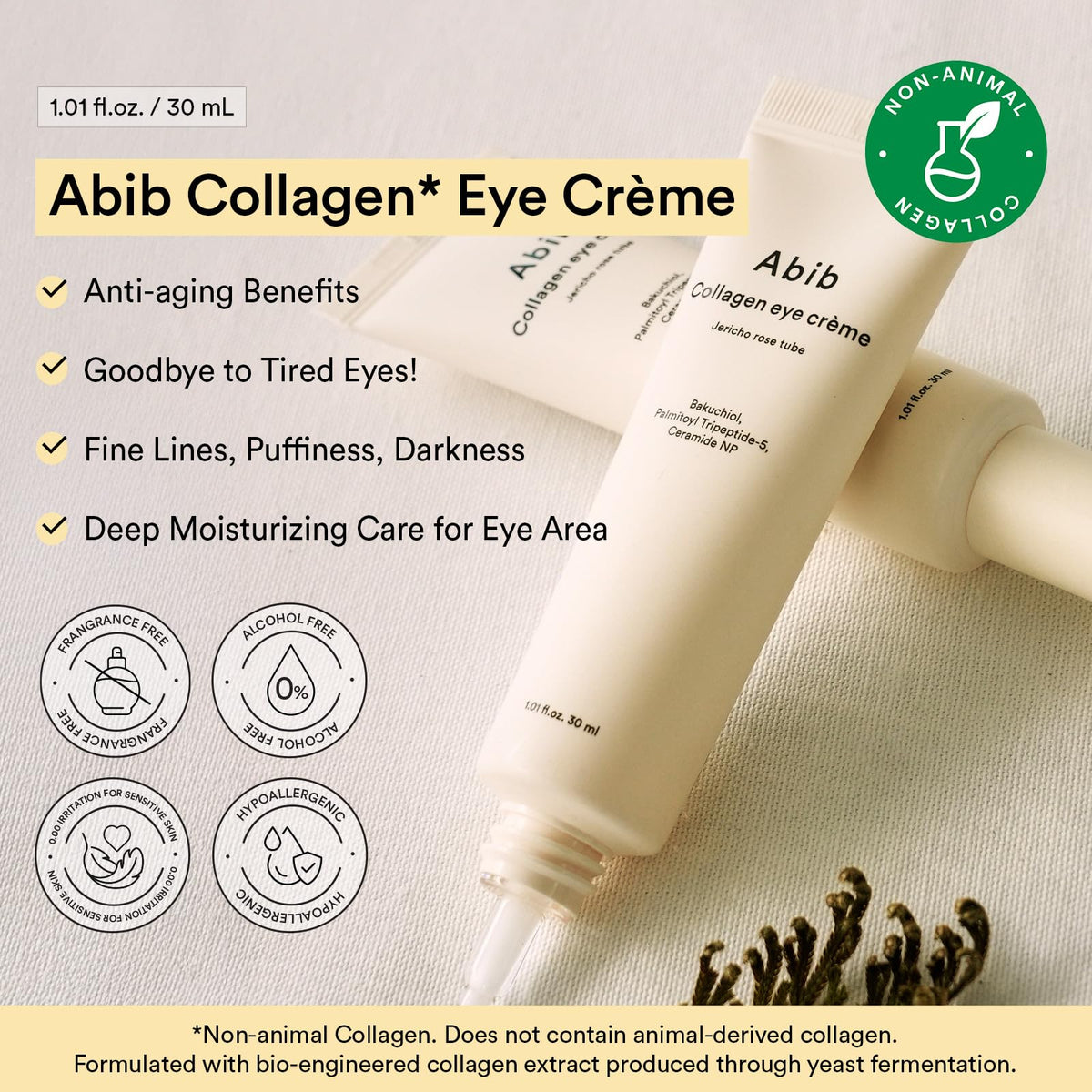 Abib eye cream tube label detail showing non-animal collagen and clear usage benefit