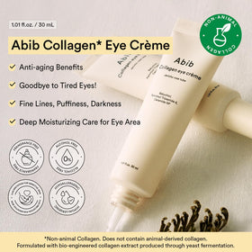 Abib eye cream tube label detail showing non-animal collagen and clear usage benefit