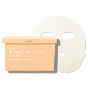 Abib pack front showing 30-sheet brightening daily mask benefits