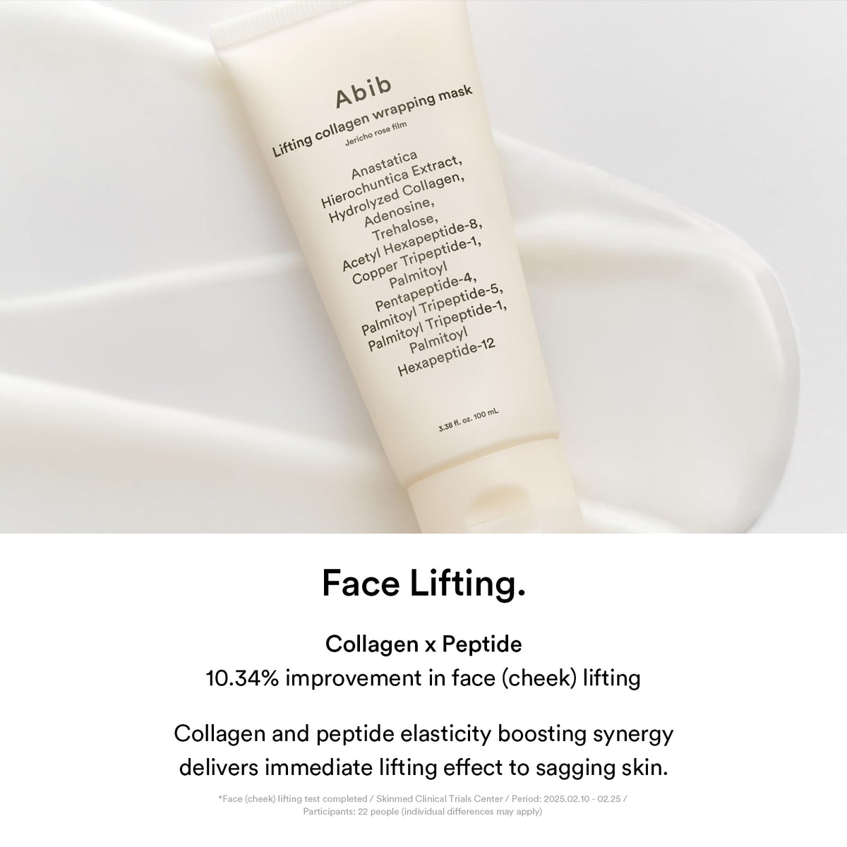 Abib mask film applied on cheek demonstrating even coverage and lift