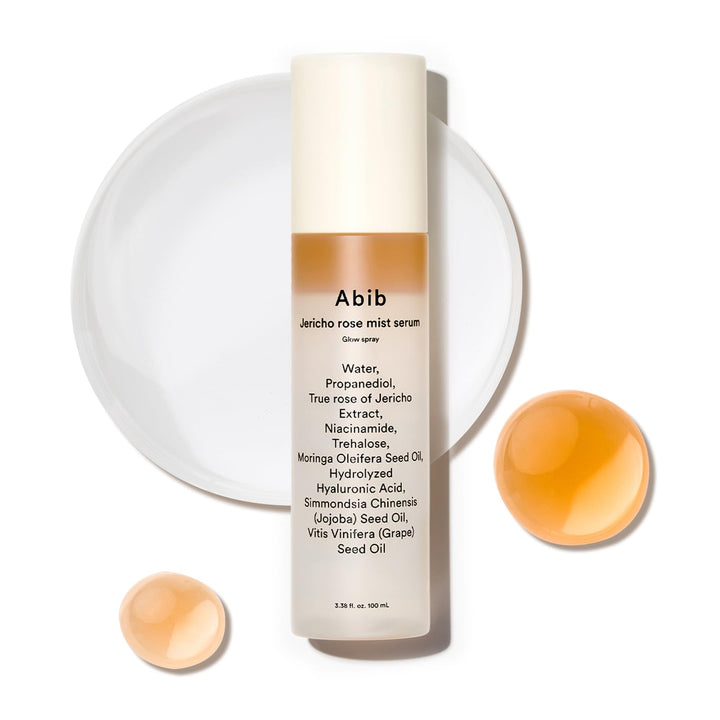 Abib Jericho Rose Mist Serum front packaging showing bottle and cap, highlights convenience