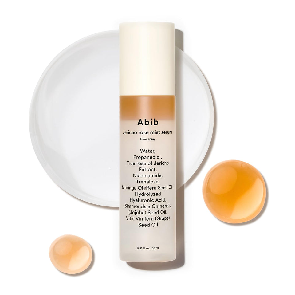 Abib Jericho Rose Mist Serum front packaging showing bottle and cap, highlights convenience