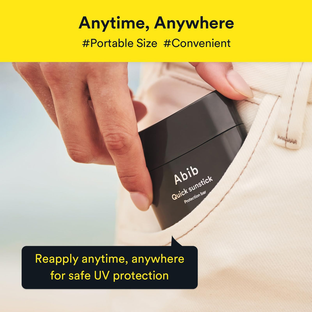 Abib sunstick beside a coin showing size and portable convenience benefit