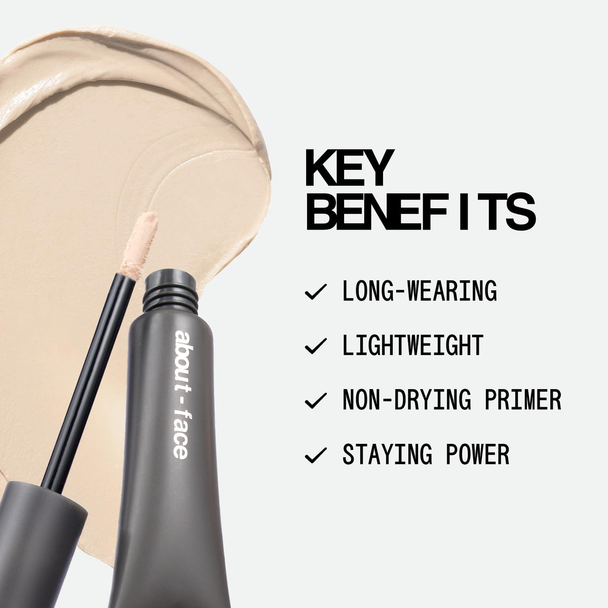 about-face texture closeup on fingertip showing lightweight, blendable primer benefit