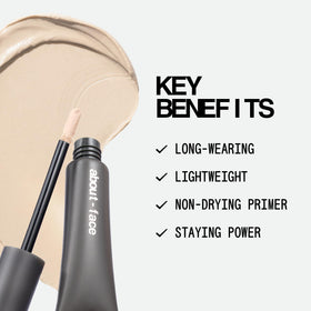 about-face texture closeup on fingertip showing lightweight, blendable primer benefit