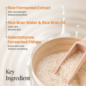 About Me ingredient bottles with rice and galactomyces visuals for natural nourishment