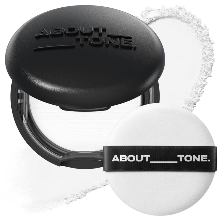 ABOUT TONE compact front open showing mirror and puff for precise touch-ups