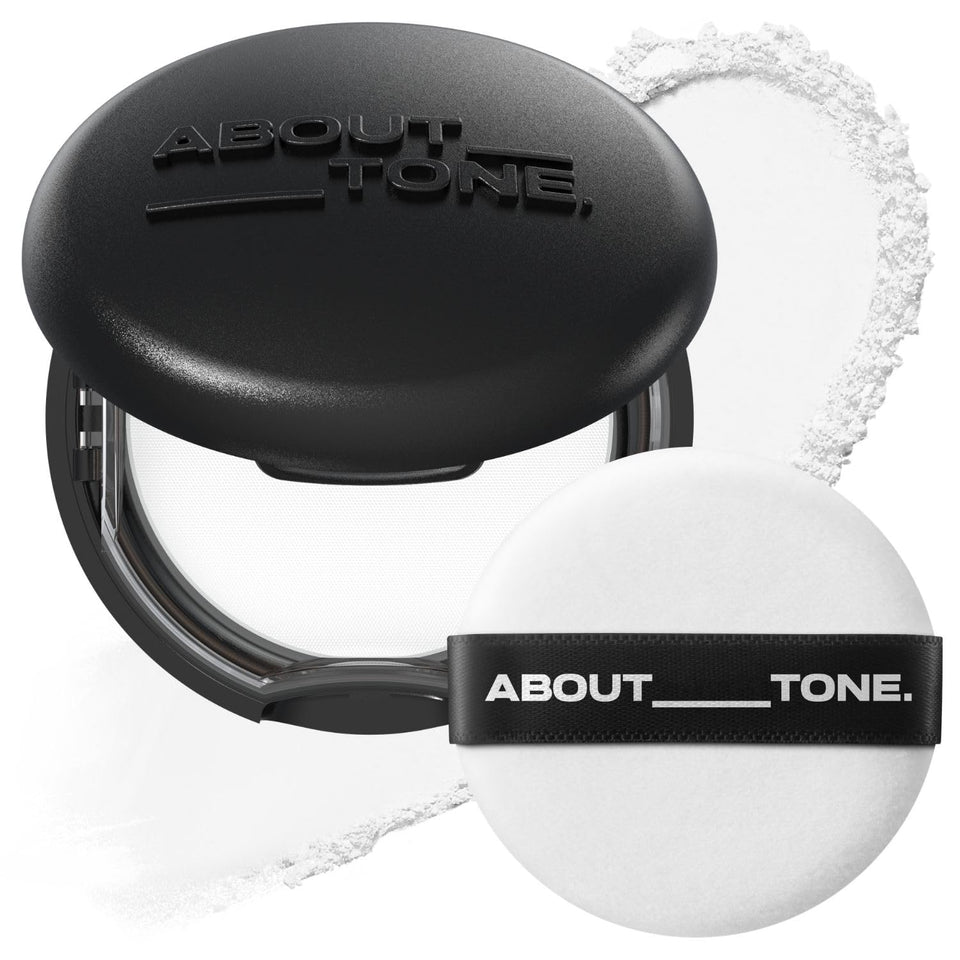ABOUT TONE compact front open showing mirror and puff for precise touch-ups
