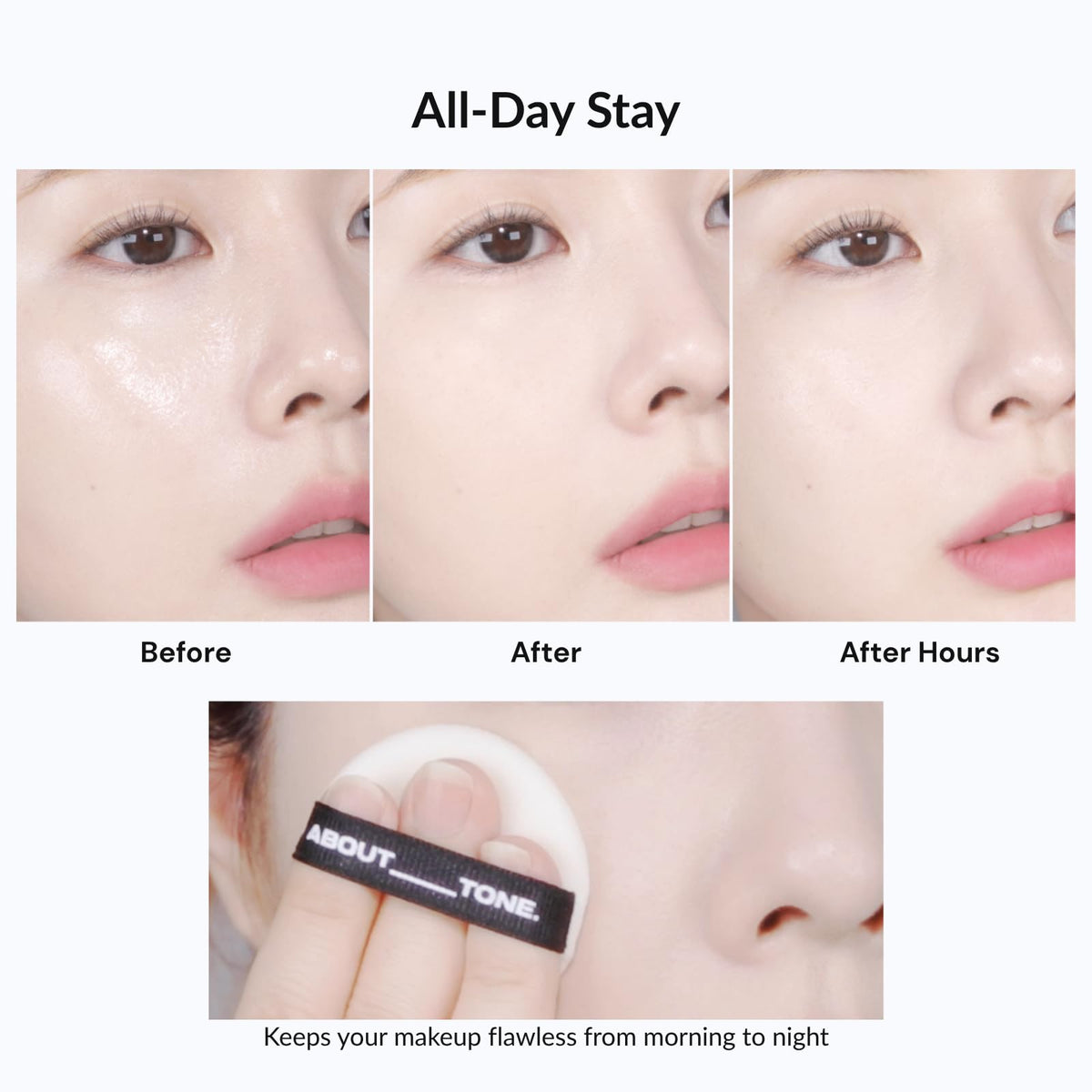 ABOUT TONE powder on fingertip demonstrating smooth application benefit