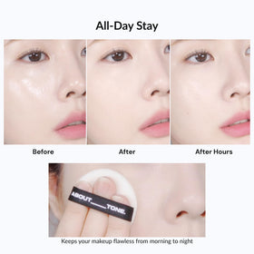ABOUT TONE powder texture close-up revealing ultra-fine particles for pore blurring