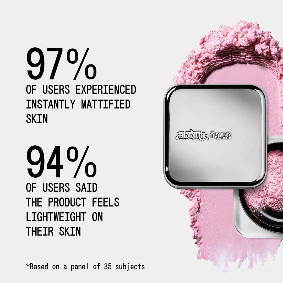 aboutface applying powder under eye with puff, brightening and crease control benefit